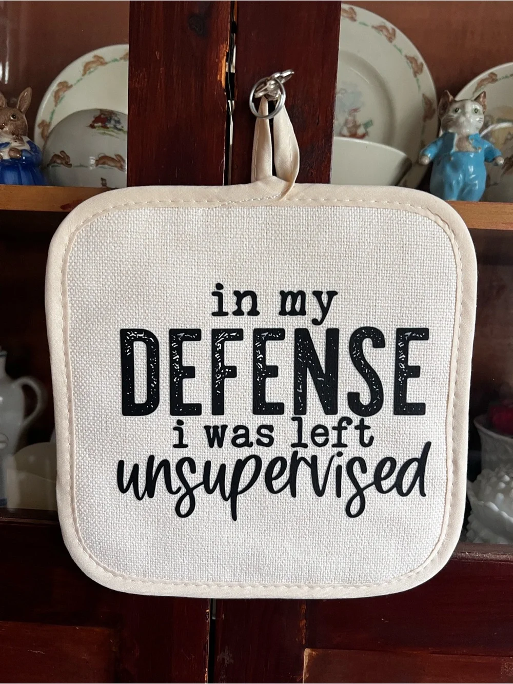 Humorous Cotton Pot Holder Set - Cream with Black Text